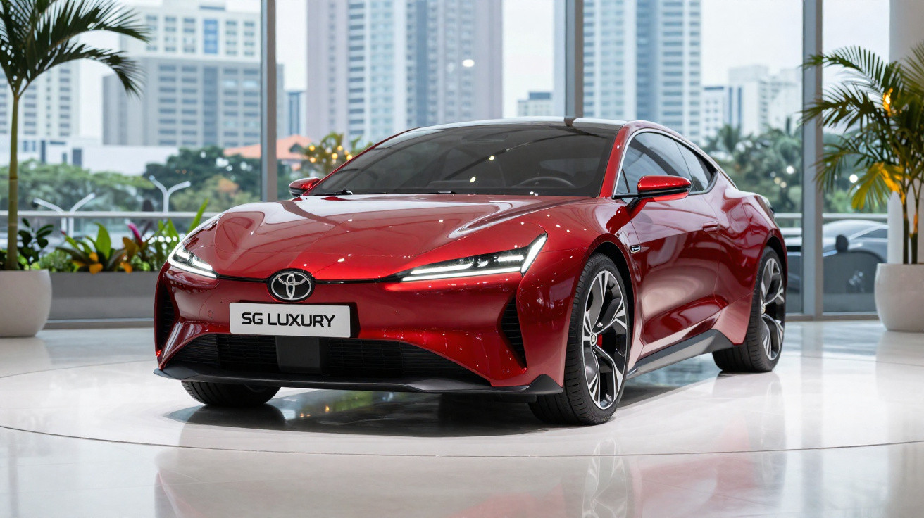 Carro esportivo vermelho Toyota SG Luxury exposto em salão moderno com vista para prédios urbanos.