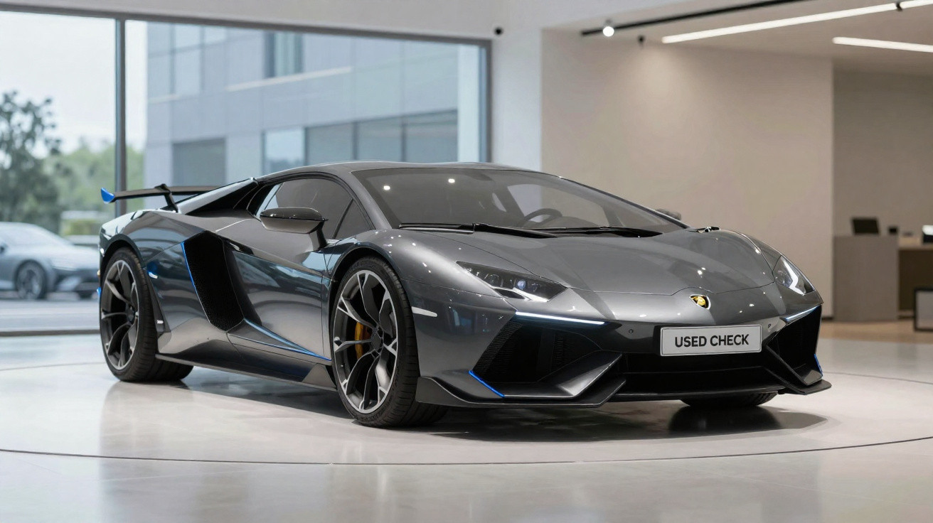 Carro esportivo Lamborghini cinza estacionado em showroom moderno com luzes no teto.