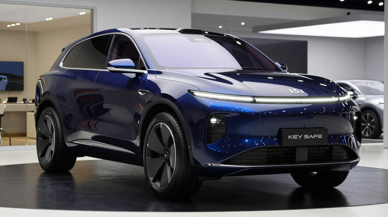 Carro elétrico moderno azul escuro exposto em showroom com design aerodinâmico e faróis finos.