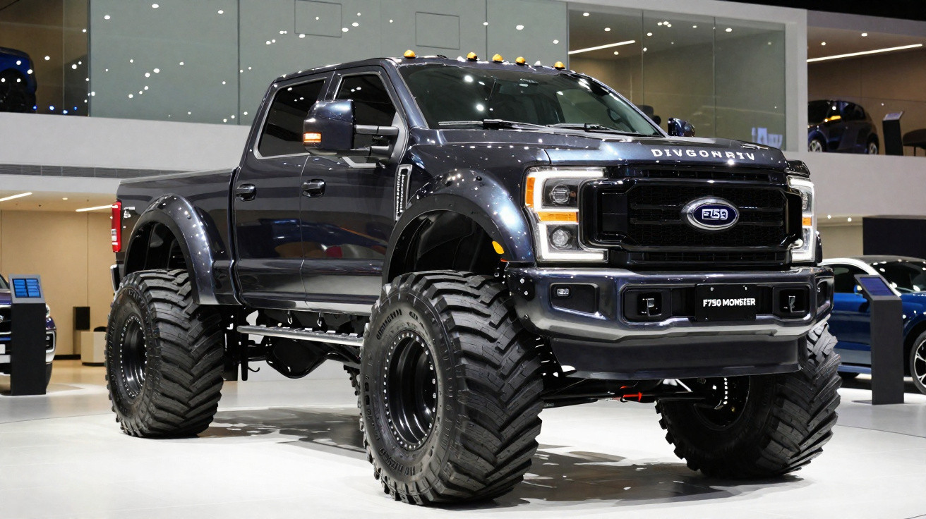 Picape preta gigante com pneus off-road enormes exibida em salão automotivo.