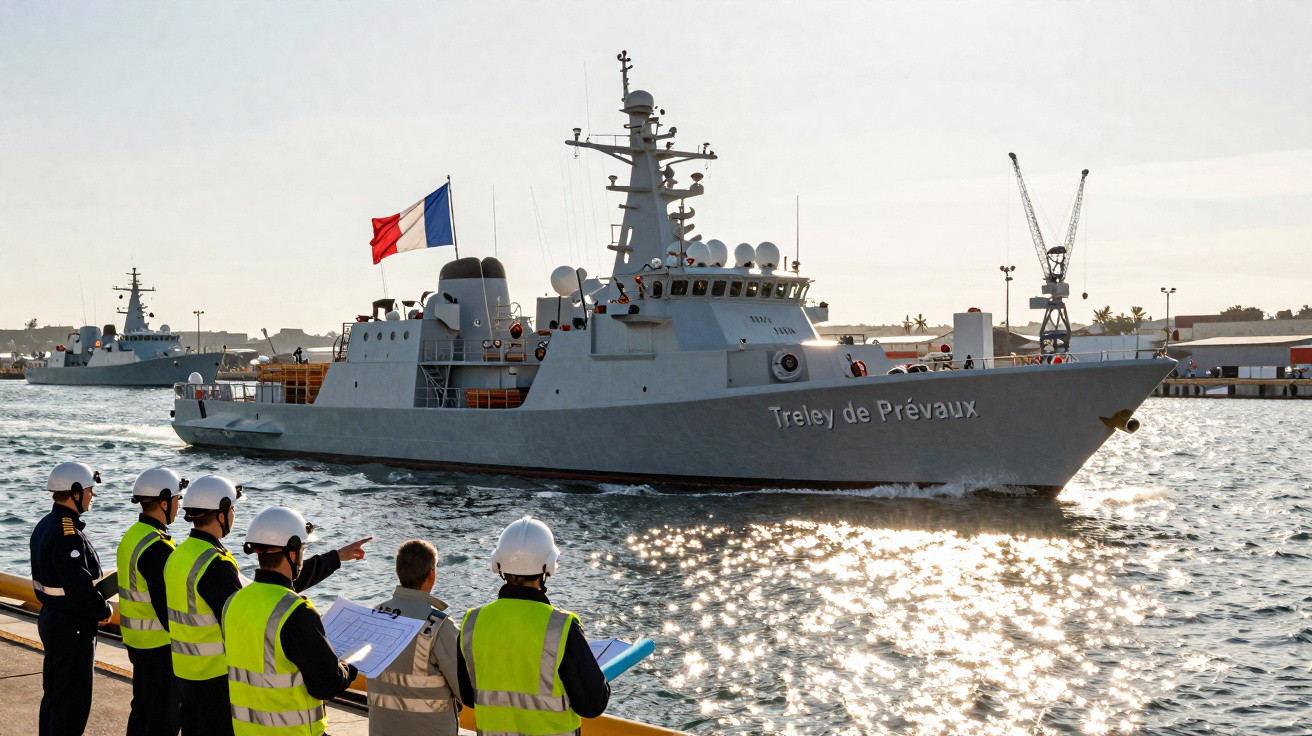 Navio militar francês Tréley de Prévaux atracado em porto com equipe de segurança vestindo coletes refletivos observando.