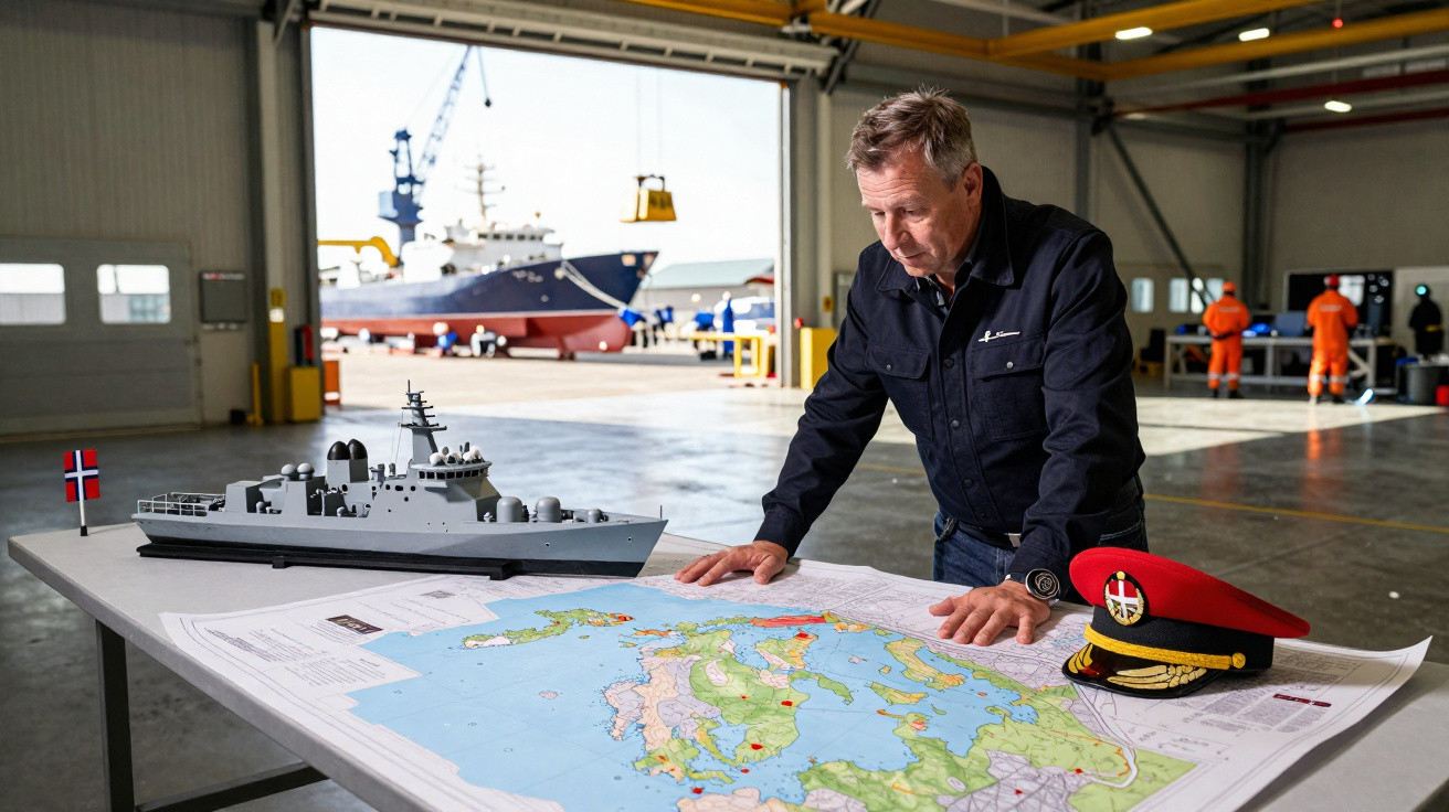 Homem observa mapa náutico sobre mesa com modelo de navio e boina vermelha em galpão industrial.
