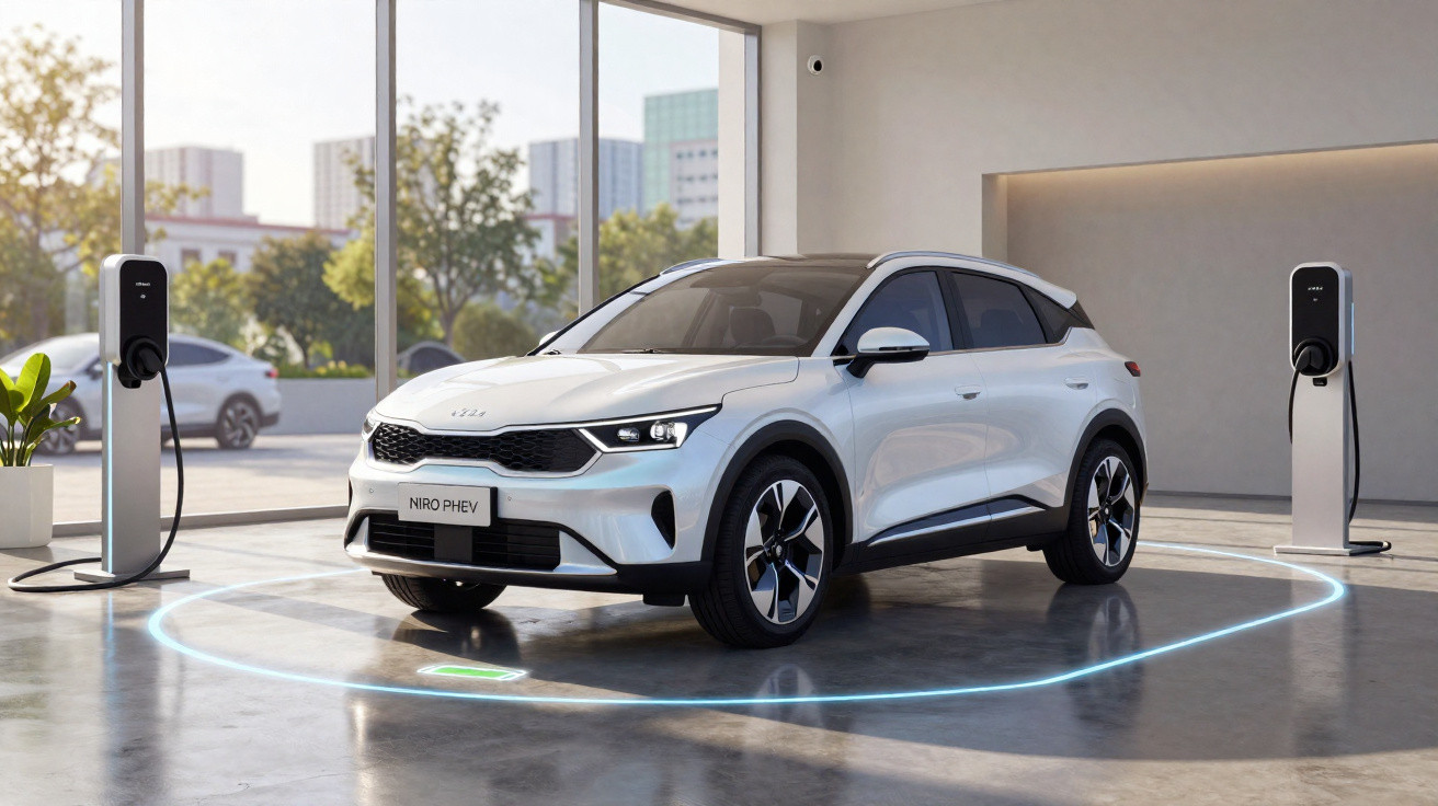 Carro elétrico branco Kia Niro PHEV estacionado em área coberta com estações de recarga elétrica.