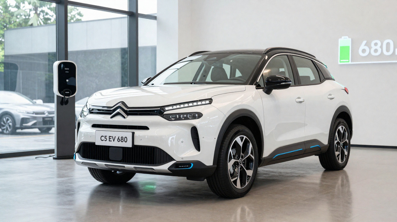 Carro elétrico branco Citroën C5 EV 680 exposto em showroom moderno com carregador ao lado.