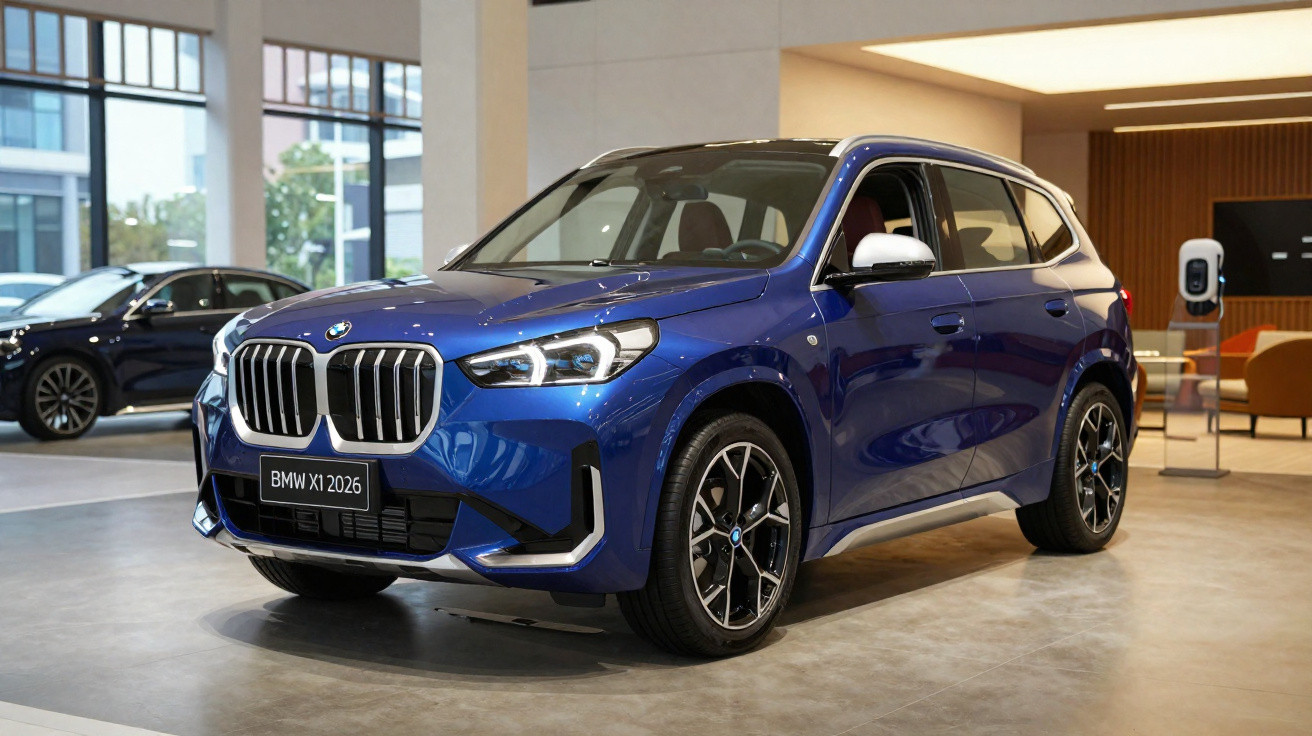 Carro SUV BMW X1 2026 azul em exposição dentro de loja moderna com iluminação interna.