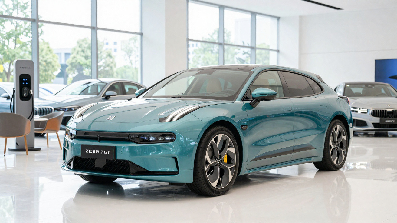 Carro elétrico Zeer 7 GT verde em showroom moderno com carro e estação de carregamento ao fundo.