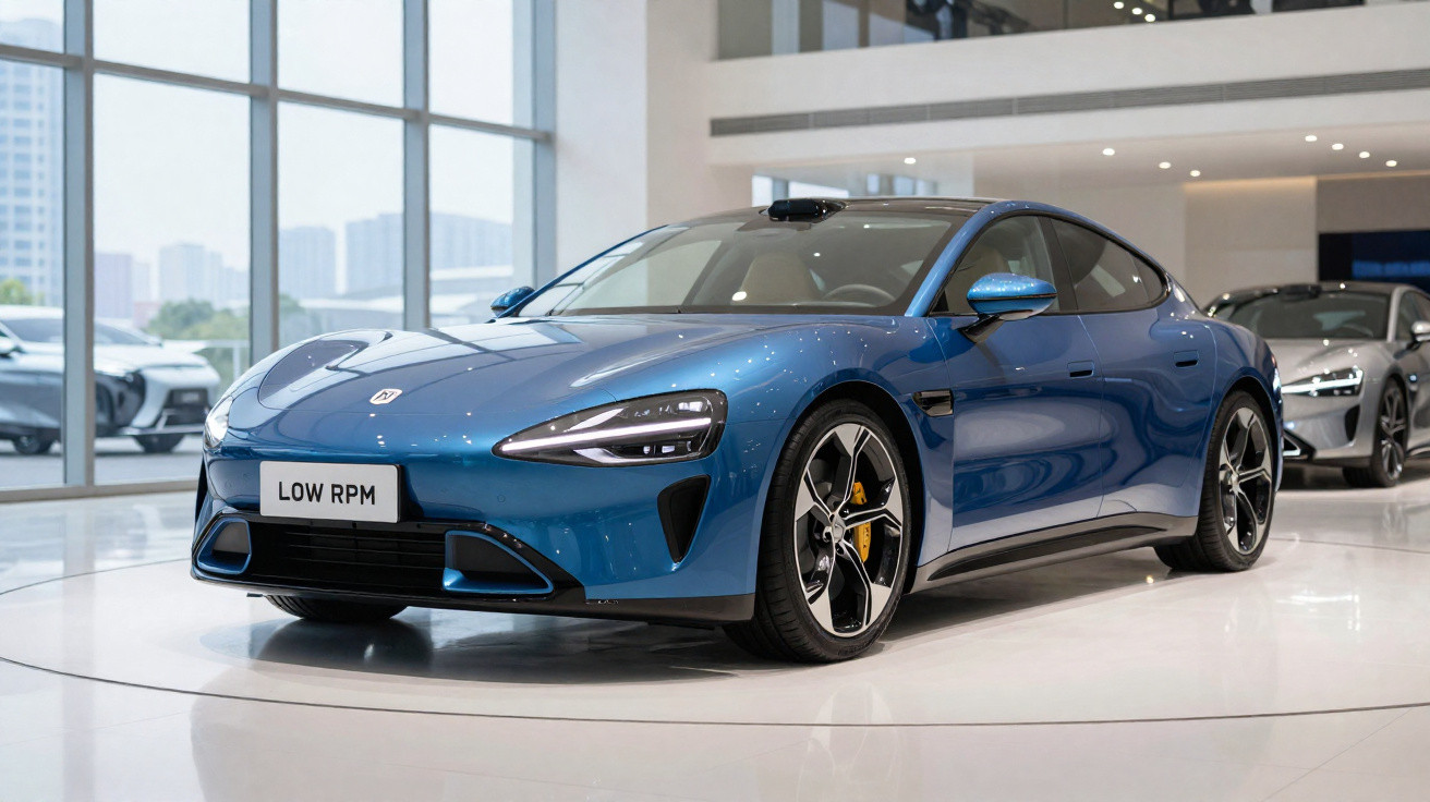 Carro esportivo azul expositor em salão de automóveis com grande janela ao fundo.