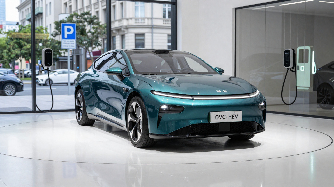 Carro elétrico verde escuro exibido em showroom moderno com pontos de recarga visíveis ao fundo.