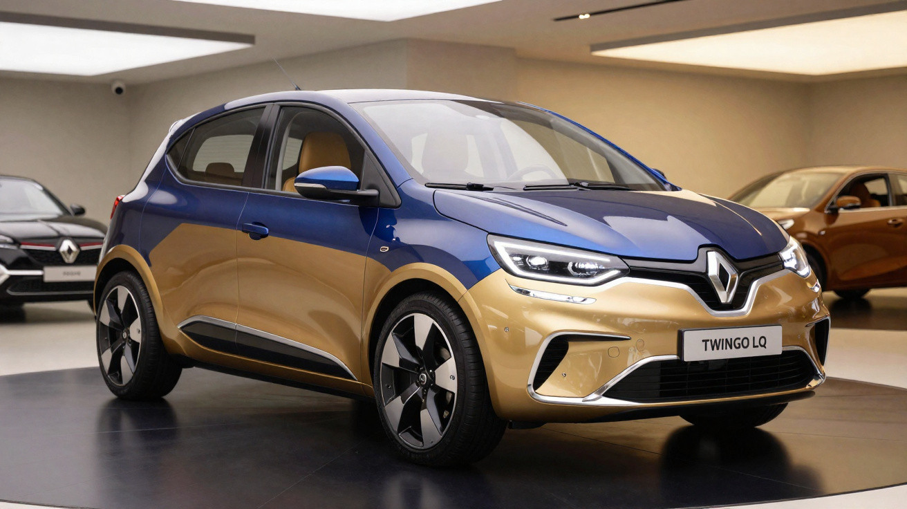 Carro Renault Twingo LQ azul e dourado exposto em salão automotivo moderno e iluminado.