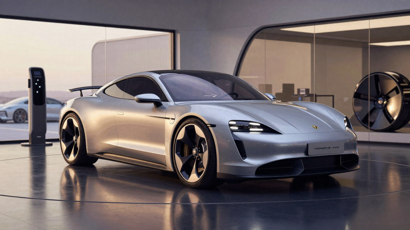Carro elétrico esportivo prata estacionado em showroom moderno, com estação de recarga ao fundo.