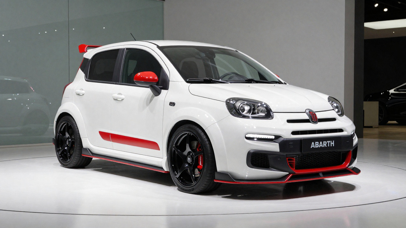 Carro esportivo compacto branco com detalhes vermelhos e rodas pretas exposto em salão automotivo.