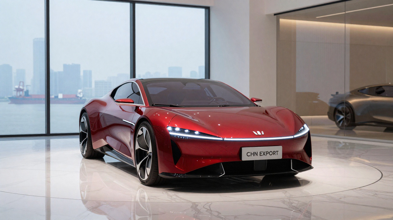 Carro esportivo elétrico vermelho em exposição com design aerodinâmico e luzes de LED acesas.