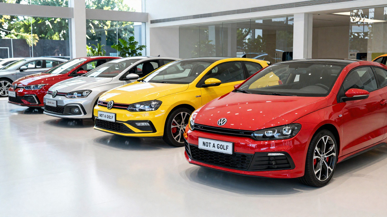 Carros Volkswagen coloridos em exposição em concessionária, destaque para os modelos com placa "NOT A GOLF".