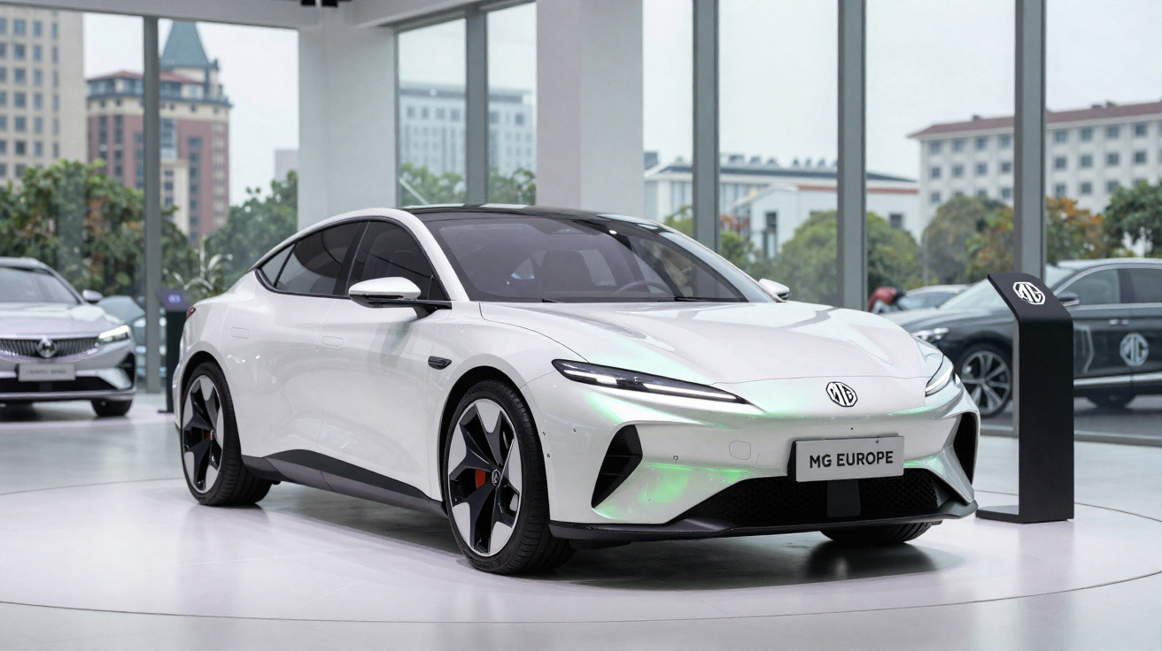 Carro elétrico branco MG Europe exposto em showroom moderno com grandes janelas e outros veículos ao fundo.
