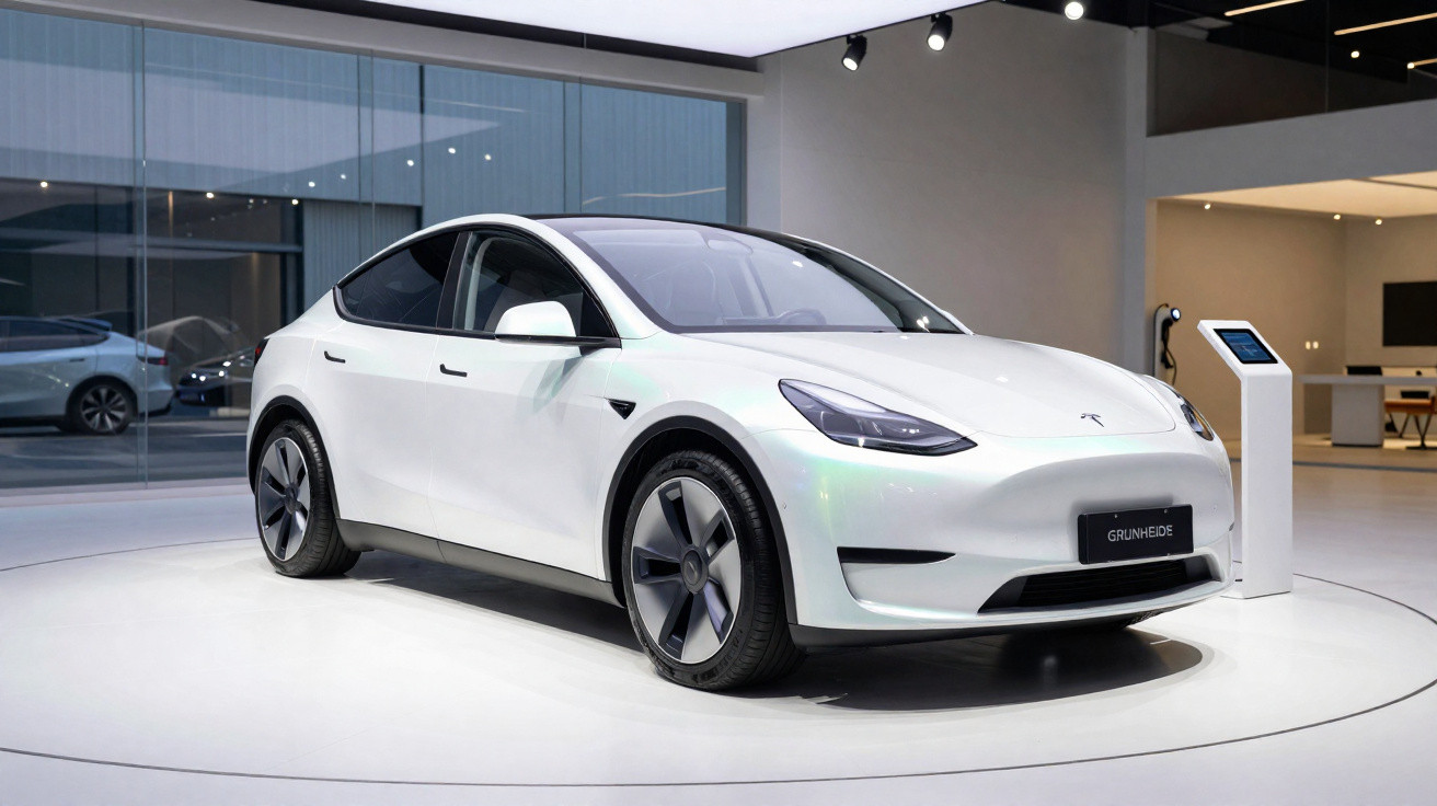 Carro elétrico branco Tesla Model 3 em exposição moderna com iluminação branca e carregador ao lado.
