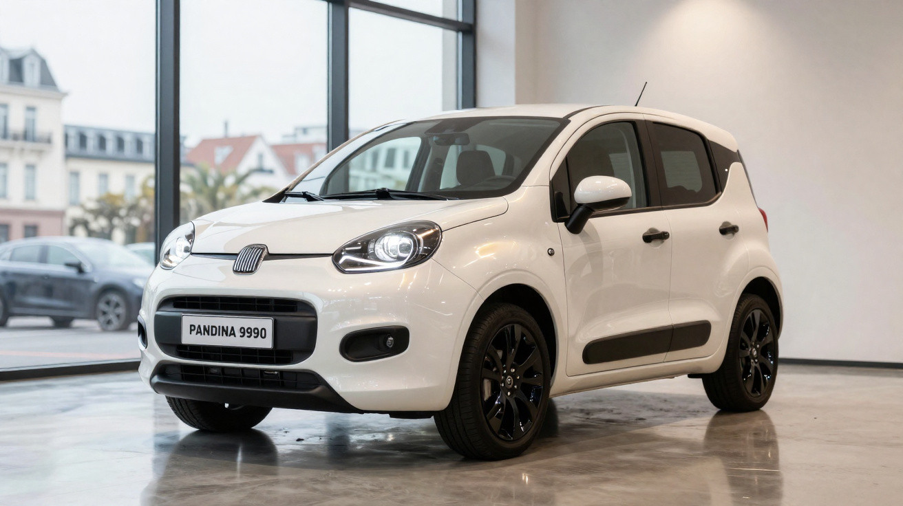 Carro compacto branco Fiat Panda 2024 em exposição interna com rodas pretas e detalhes modernos.