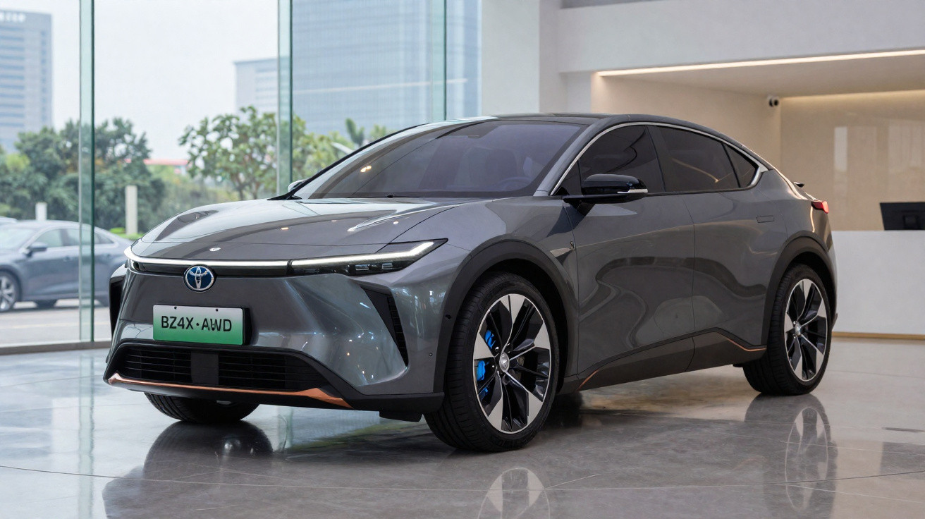 Carro elétrico Toyota BZ4X cinza estacionado em showroom com janelas grandes ao fundo.