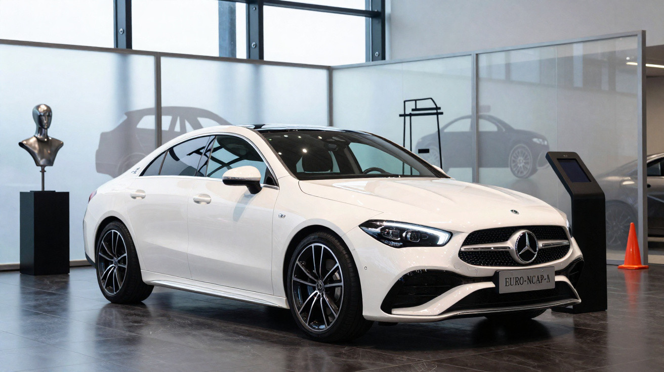 Carro sedã branco Mercedes-Benz exposto em showroom moderno com piso escuro e iluminação natural.