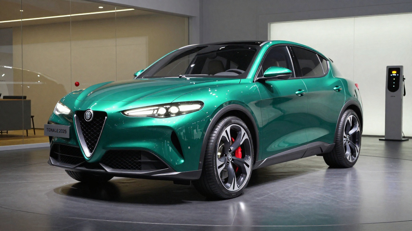 Carro elétrico verde Alfa Romeo Tonale 2026 exibido em ambiente interno moderno.