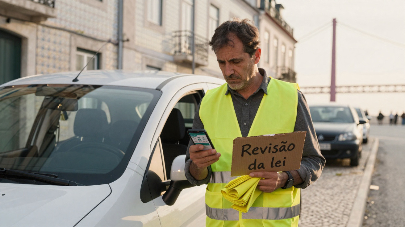 Homem com colete amarelo segurando placa escrito revisão da lei enquanto olha para celular ao lado de carro branco.