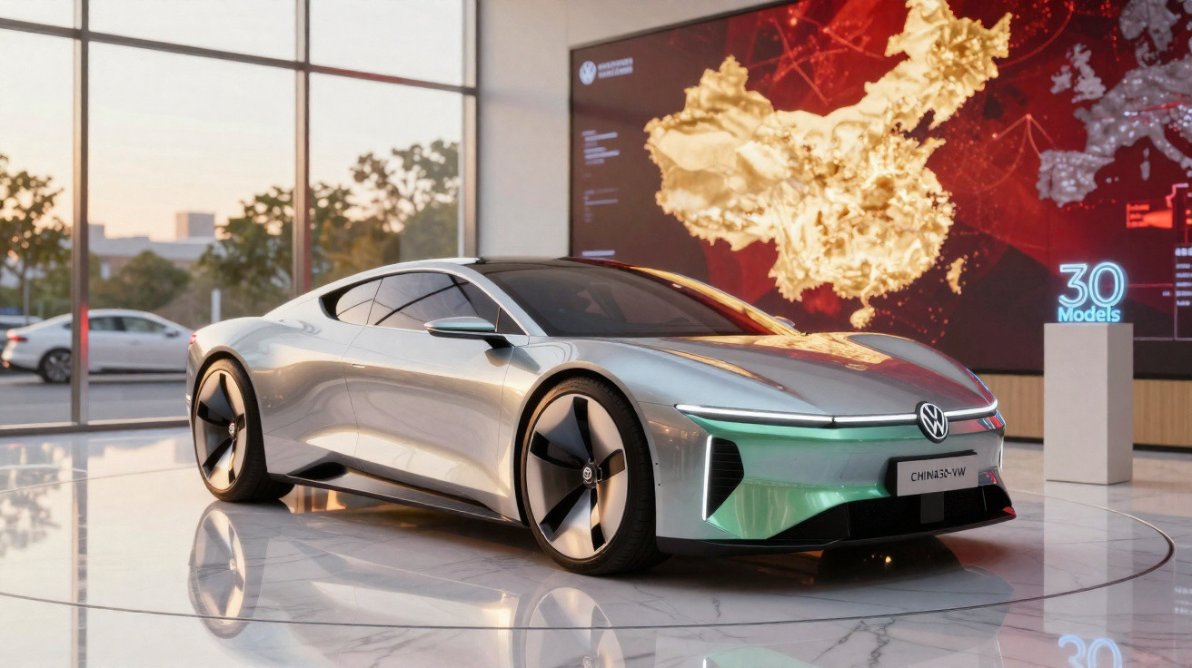 Carro conceito elétrico Volkswagen prata em exposição com painel iluminado ao fundo.