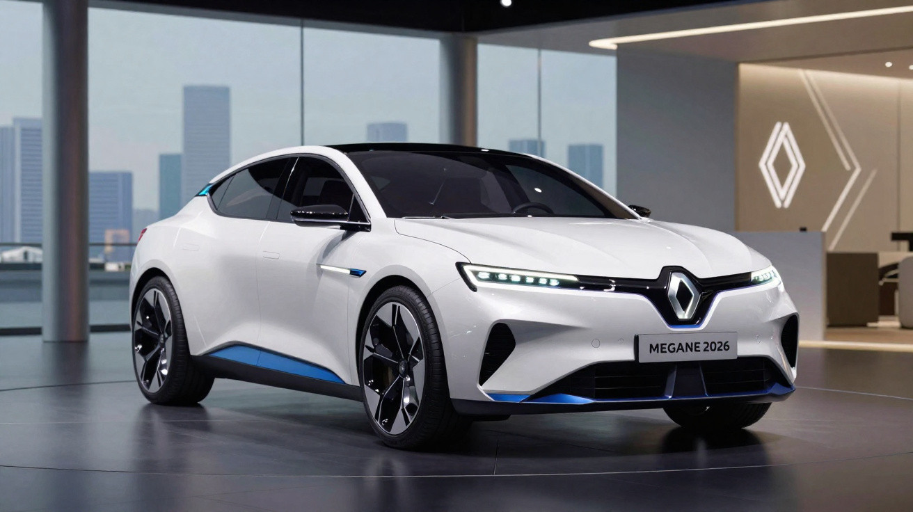 Renault Megane 2026 branco elétrico em apresentação, destaque para faróis e design moderno.