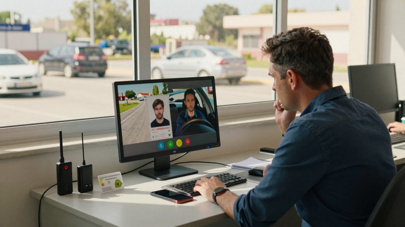 Homem sentado em mesa olhando para vídeo na tela do computador com imagem de carteira de motorista.