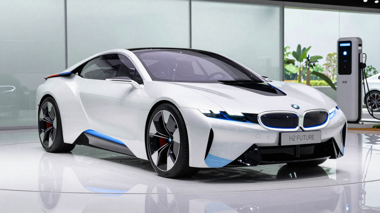 Carro esportivo elétrico branco BMW futurista exposto em vitrine com carregador ao fundo.