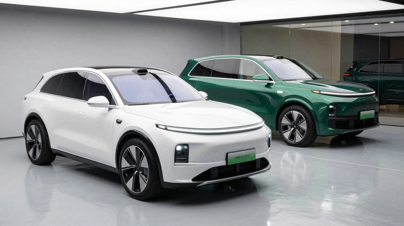 Dois carros elétricos SUV, um branco e outro verde, em ambiente interno com piso cinza e paredes claras.