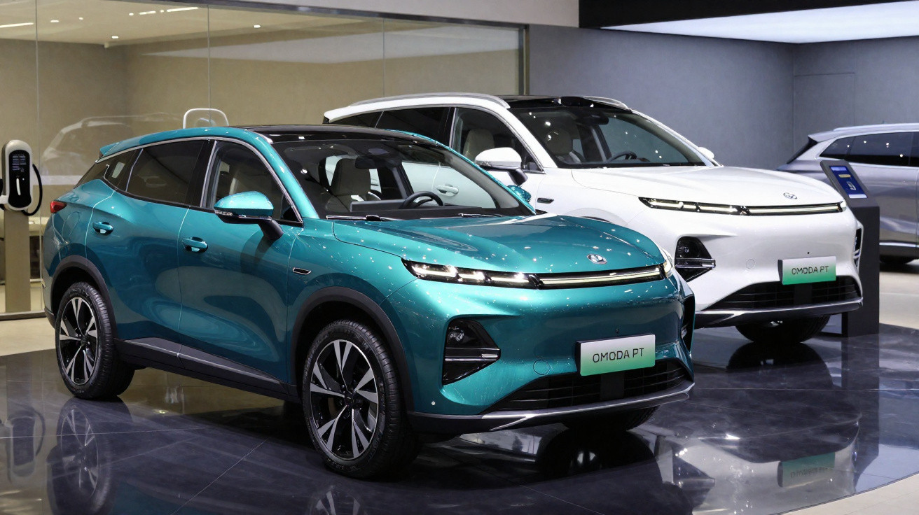Dois carros elétricos OMODA PT, um verde e um branco, exibidos em showroom moderno com piso refletivo.