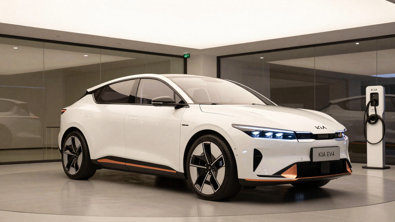 Carro elétrico branco Kia EV4 estacionado em showroom moderno com estação de recarga elétrica.