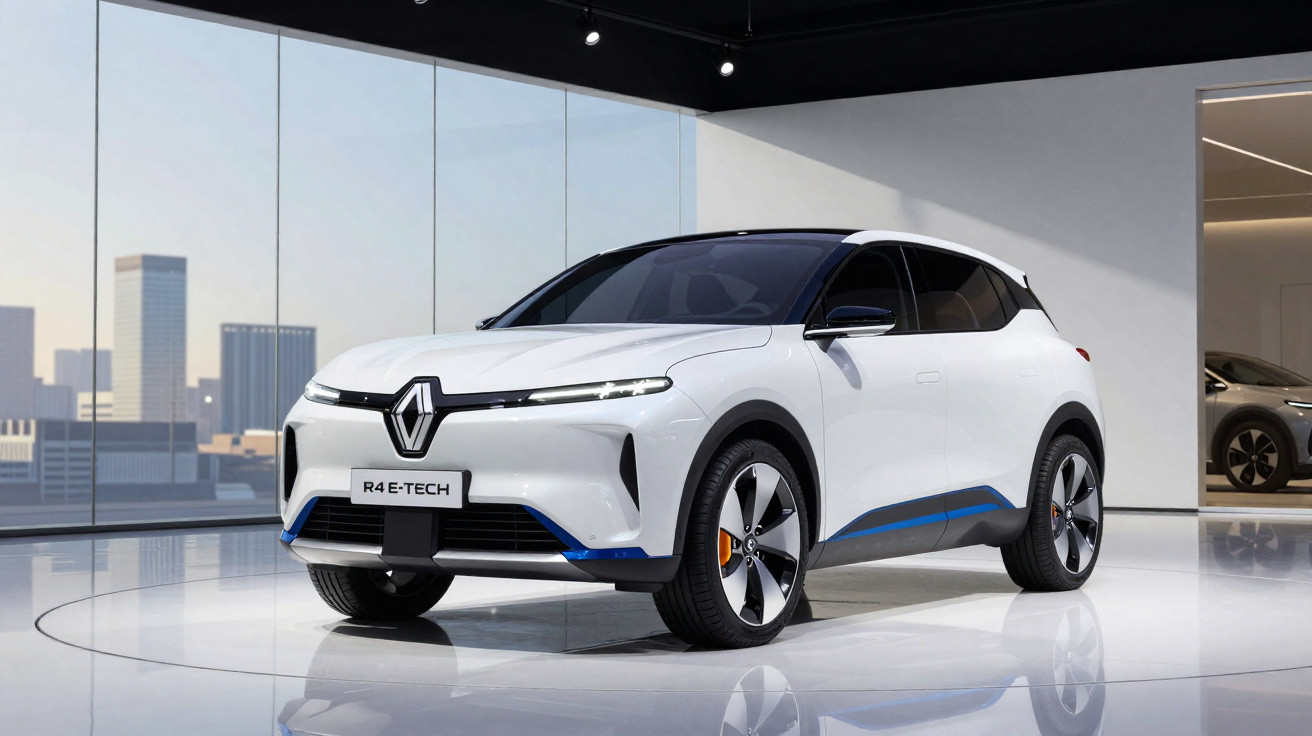 SUV elétrico Renault R4 E-Tech branco exposto em ambiente interno com paredes de vidro.