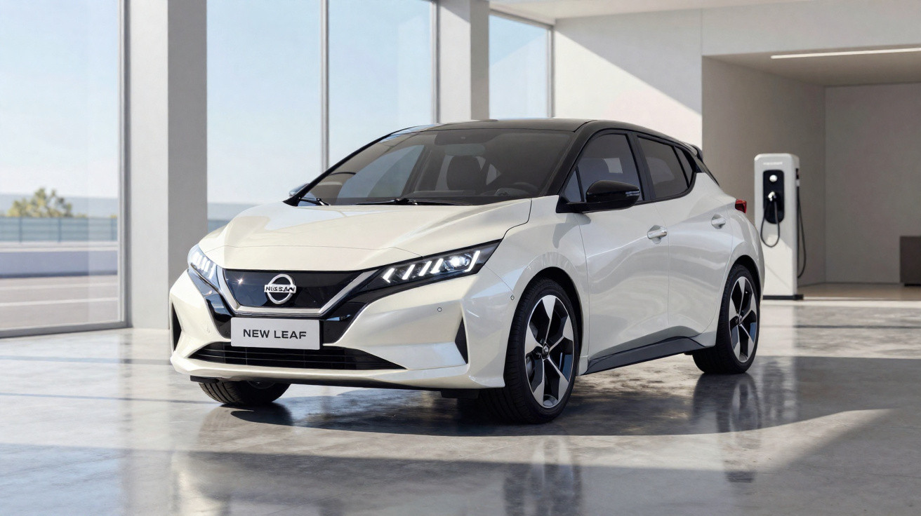 Carro elétrico Nissan New Leaf branco estacionado em ambiente interno com estação de recarga ao fundo.