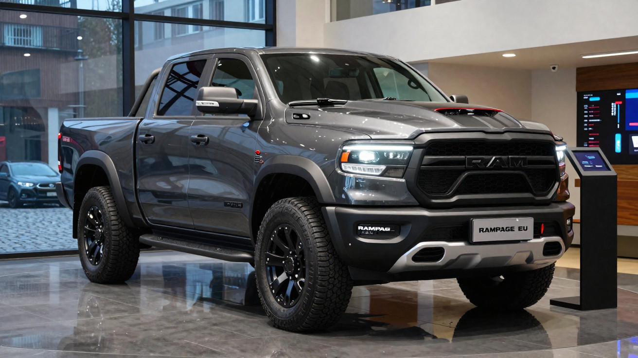 Picape RAM cinza escuro exhibida em showroom com interior moderno e iluminação ambiente.