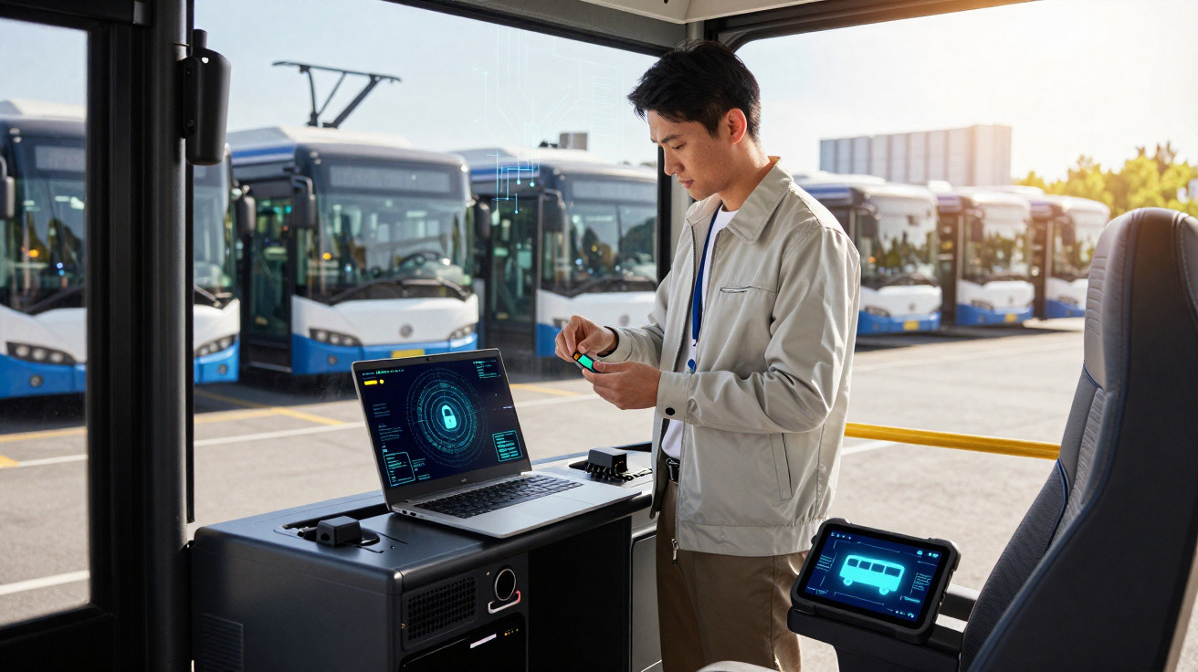 Homem mexendo em dispositivo digital dentro de ônibus com vários ônibus estacionados ao fundo.