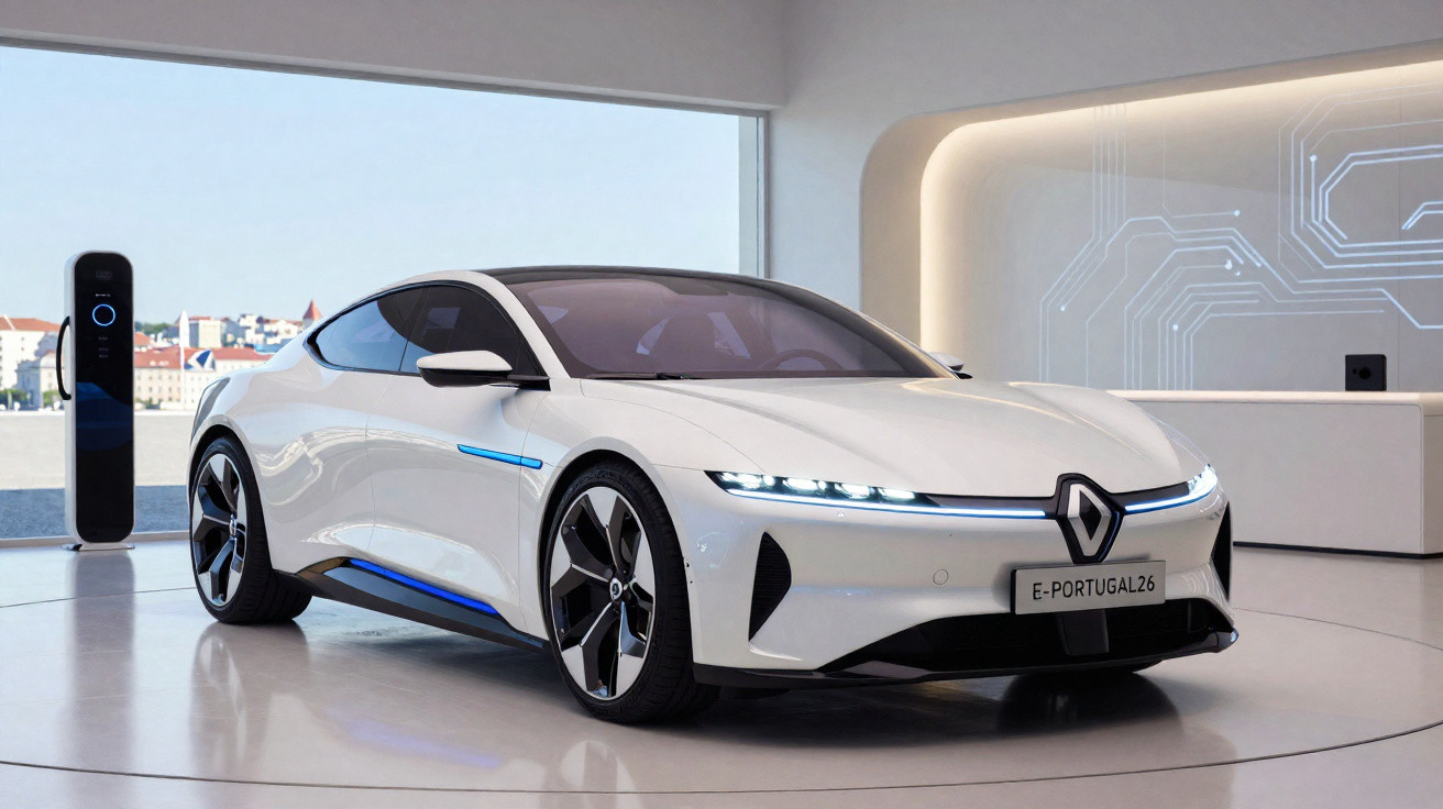 Carro elétrico branco moderno estacionado em sala futurística com estação de recarga ao fundo.