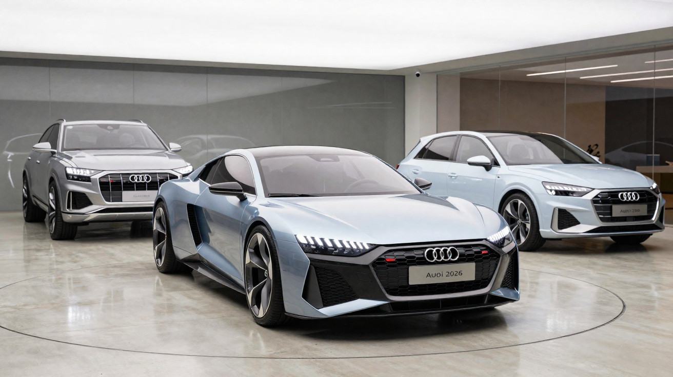 Três carros Audi 2026 exibidos em showroom moderno, com destaque para esportivo prata no centro.