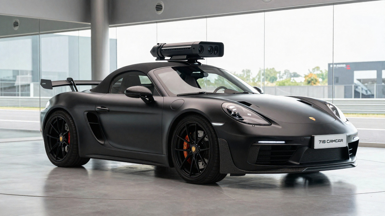 Carro esportivo preto Porsche 718 com dispositivo tecnológico instalado no teto, em ambiente interno moderno.