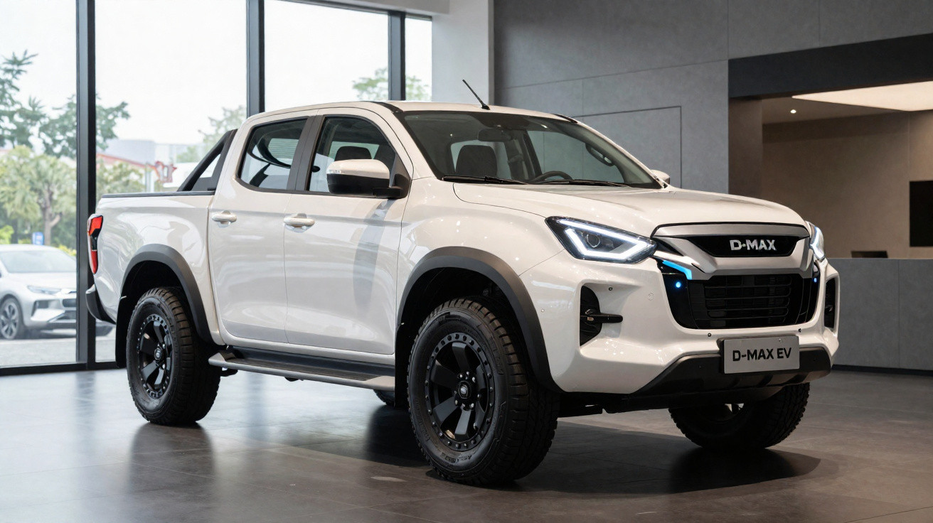 Picape branca D-MAX EV em showroom moderno com pneus grandes e design robusto.