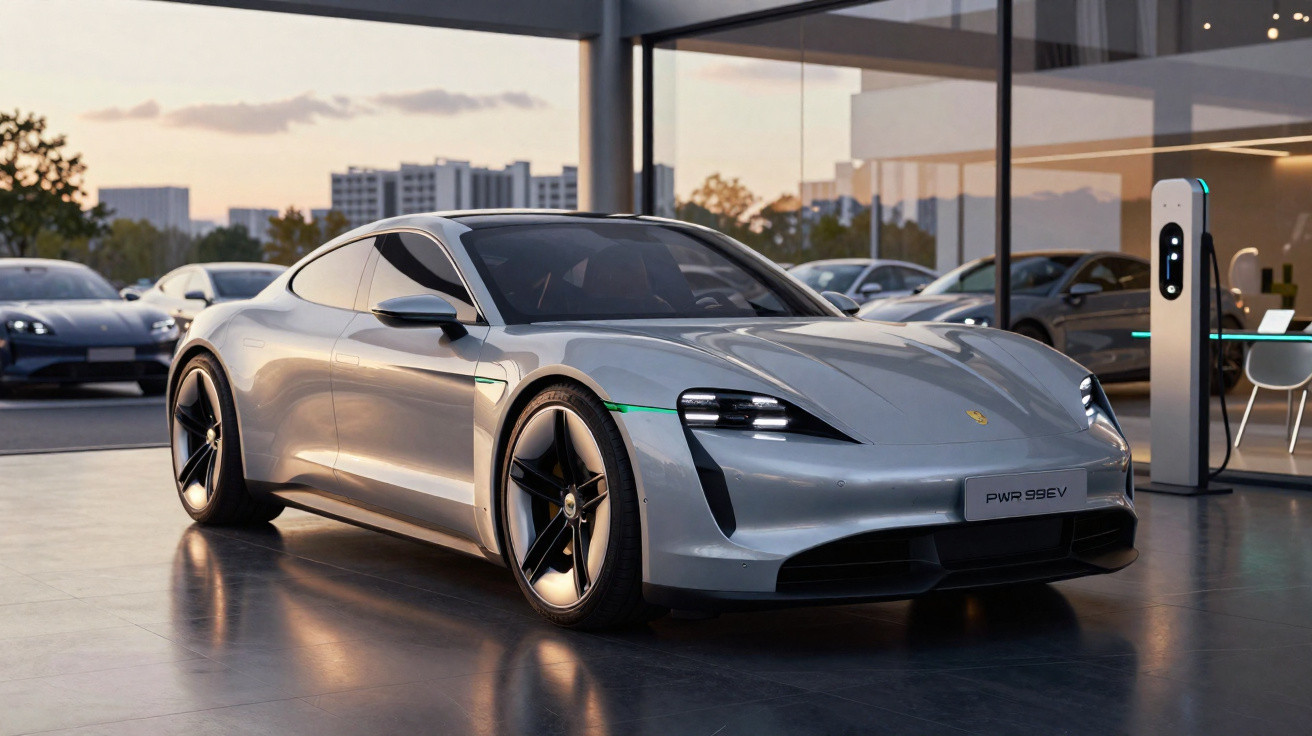 Carro esportivo elétrico prata estacionado em showroom moderno ao entardecer, com carregador ao lado.