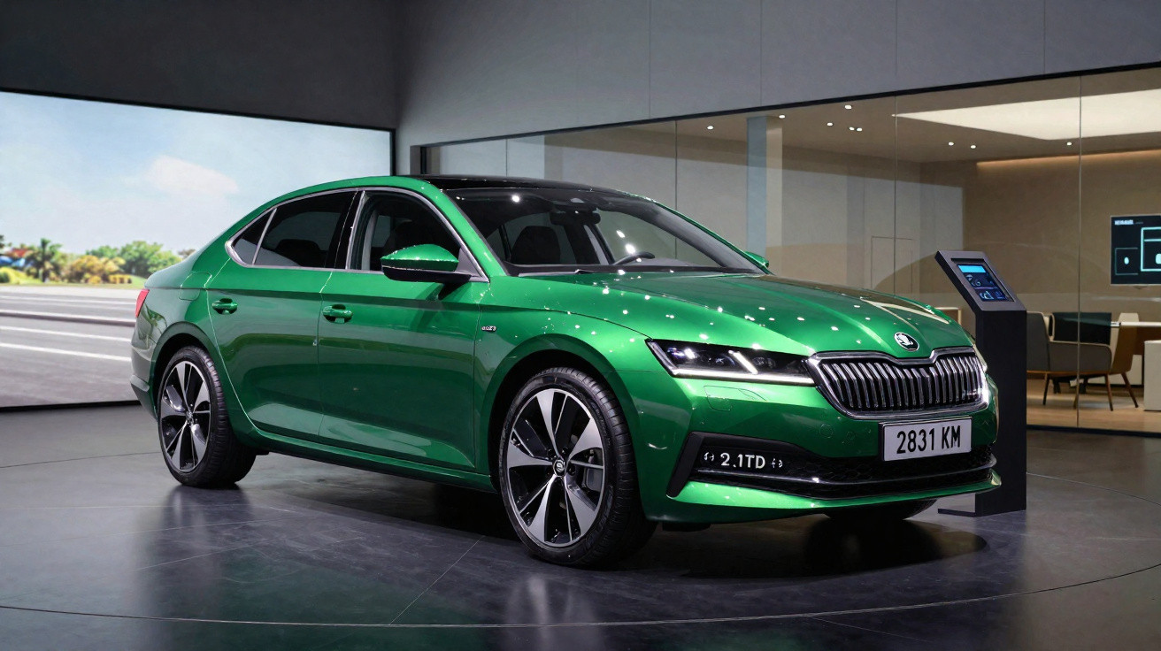Carro sedan verde metálico em exposição moderna com placas 2831 KM, rodas esportivas e iluminação ambiente interna.