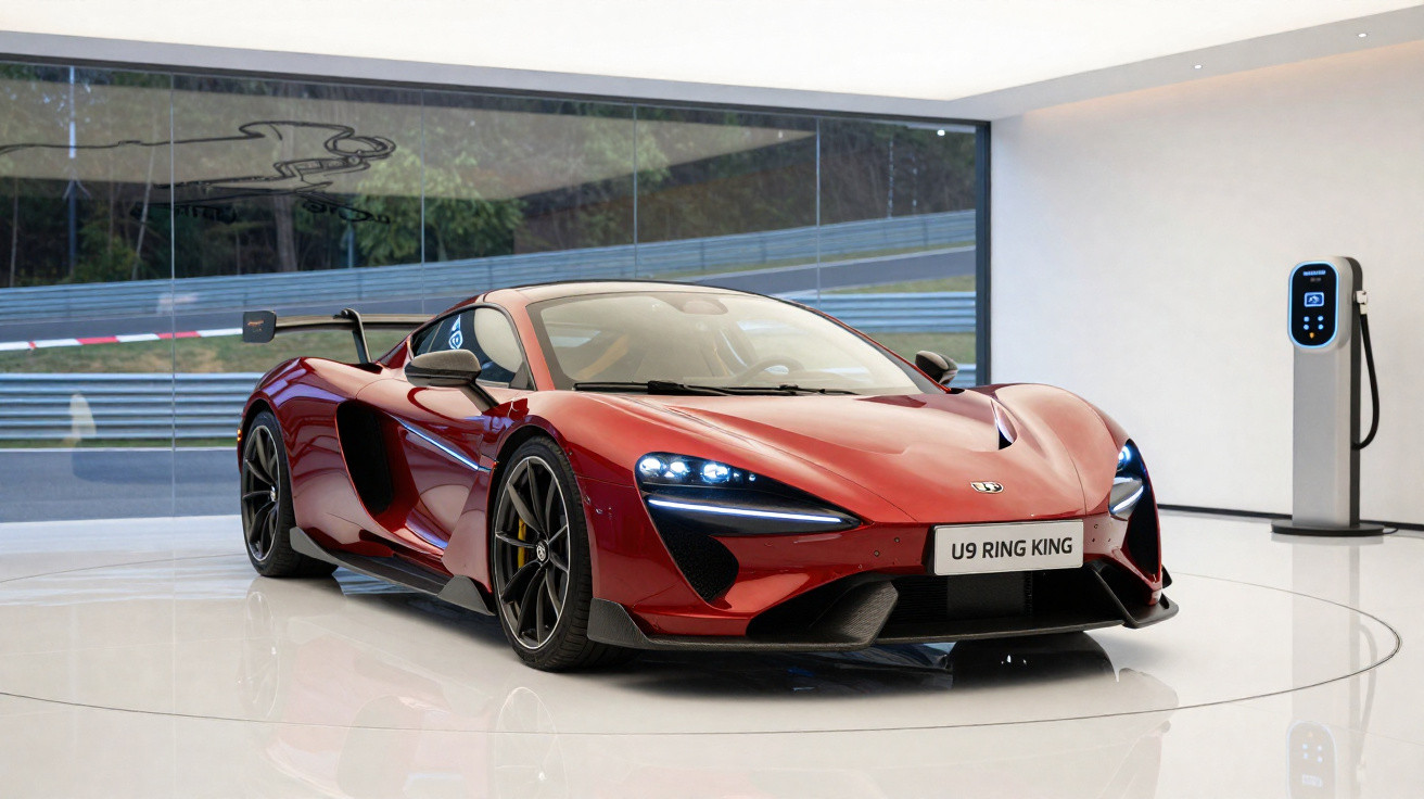 Carro esportivo vermelho McLaren U9 Ring King em showroom com carregador elétrico ao lado.