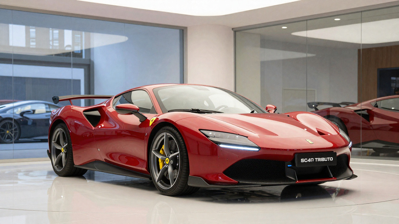 Carro esportivo Ferrari em vermelho com detalhes pretos em ambiente interno moderno e iluminação natural.
