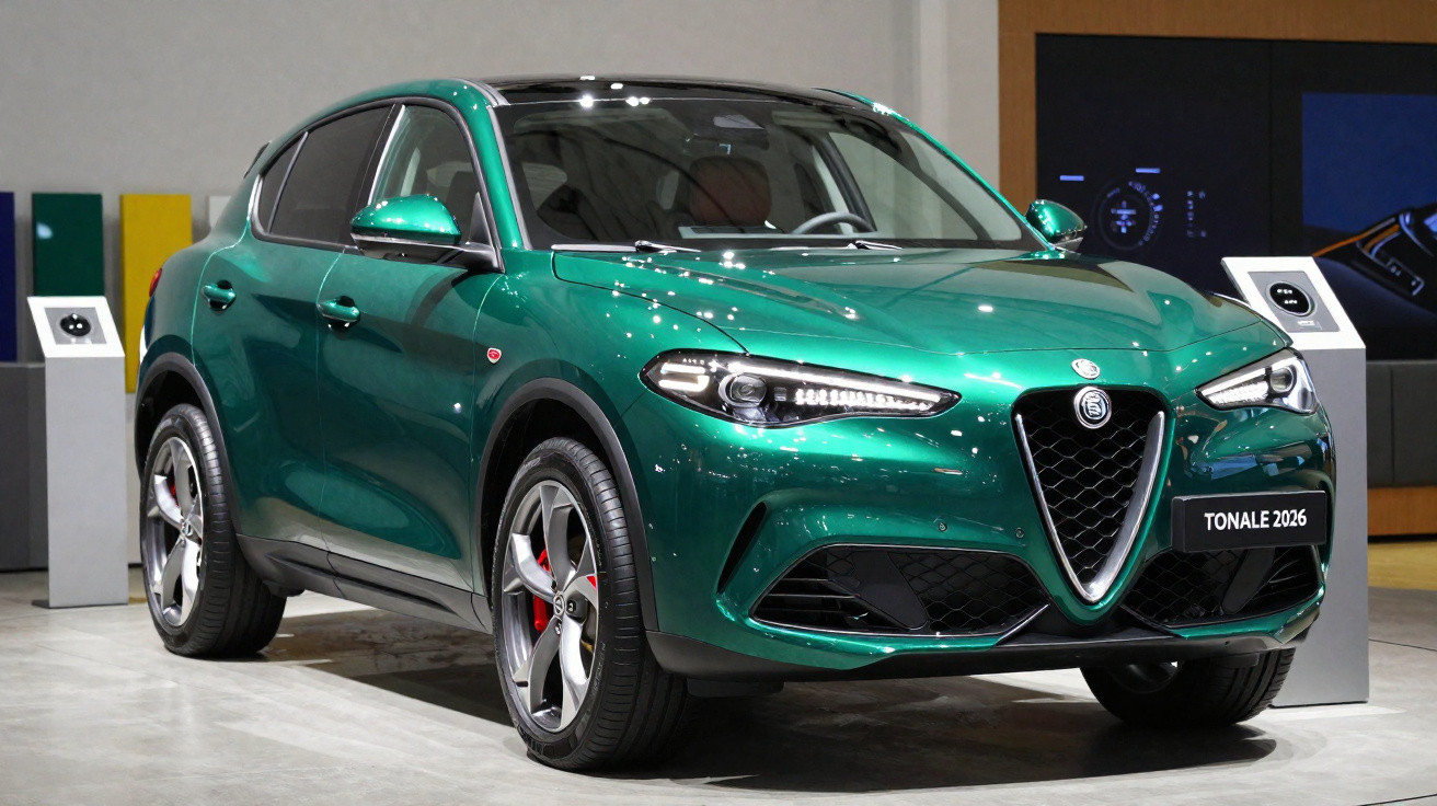 SUV Alfa Romeo Tonale 2026 verde metálico exibido em salão automotivo interno.