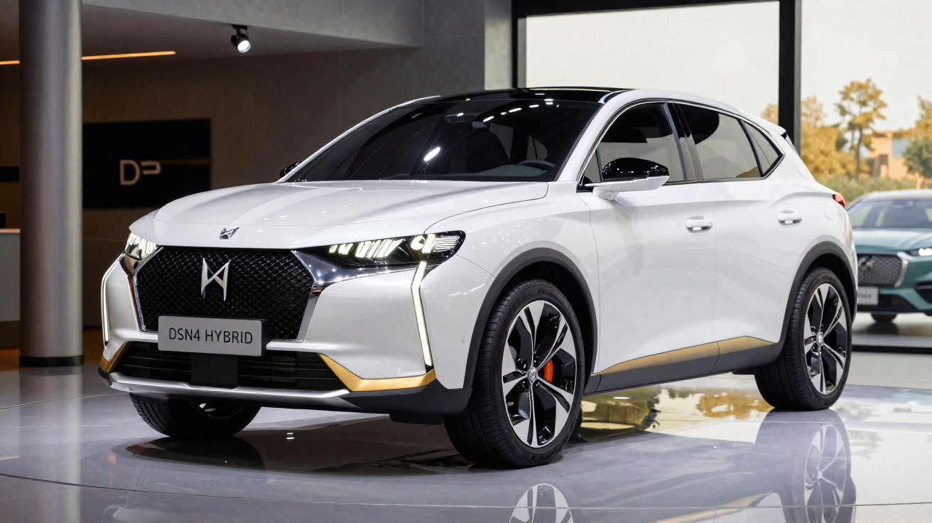 Carro branco DS4 Hybrid exposto em salão de automóveis com design moderno e sofisticado.