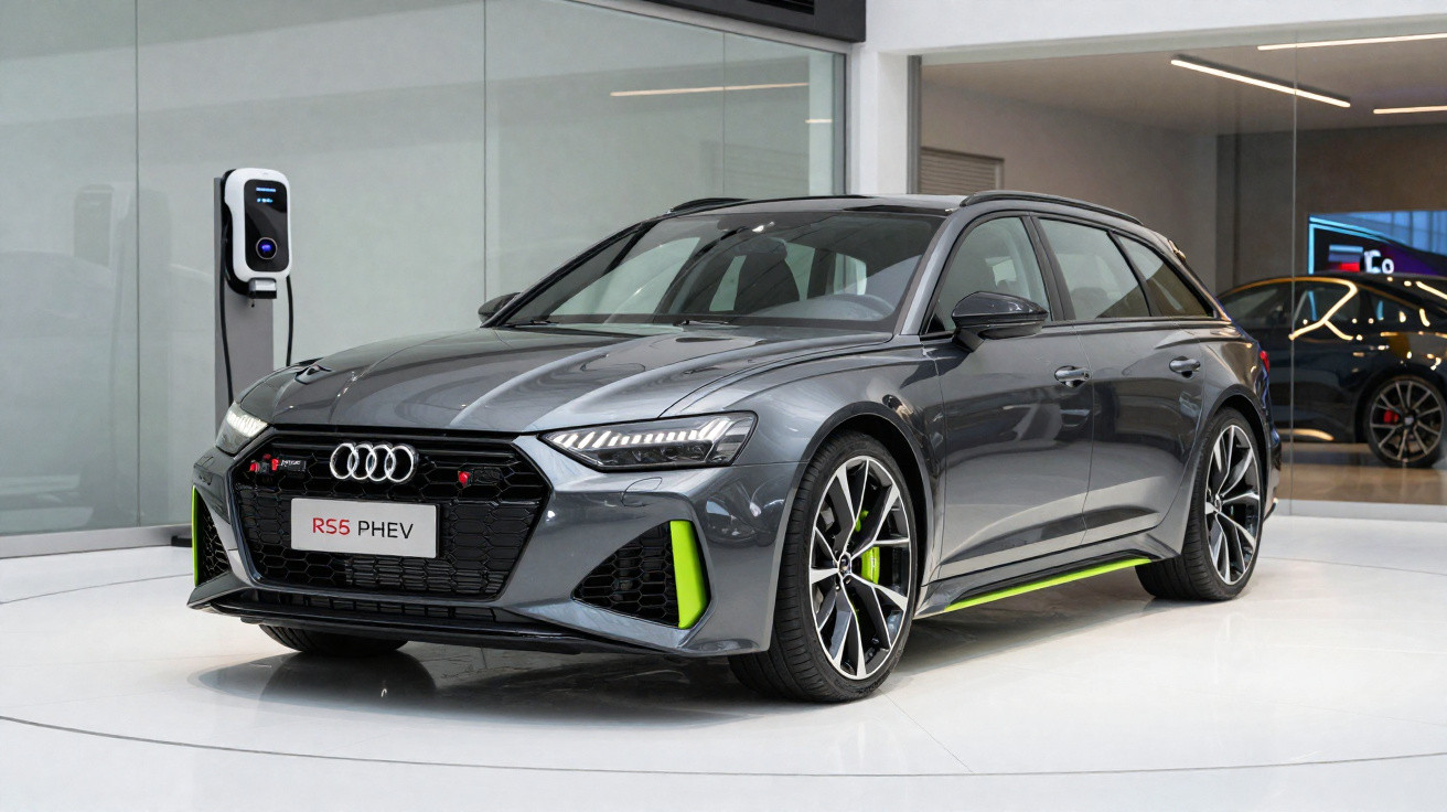 Carro Audi RS5 PHEV cinza escuro estacionado em showroom moderno com estação de recarga ao fundo.