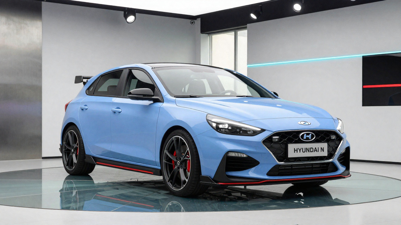 Carro esportivo Hyundai i30 N azul em exposição, com detalhes em preto e vermelho, em ambiente moderno e iluminado.