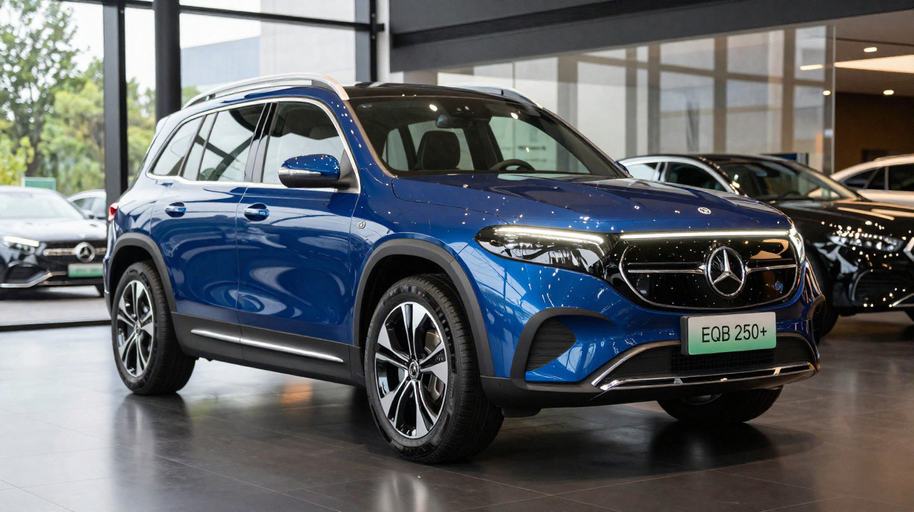 SUV elétrico Mercedes-Benz EQB 250+ azul exibido em showroom moderno com piso cinza e outras dezenas ao fundo.