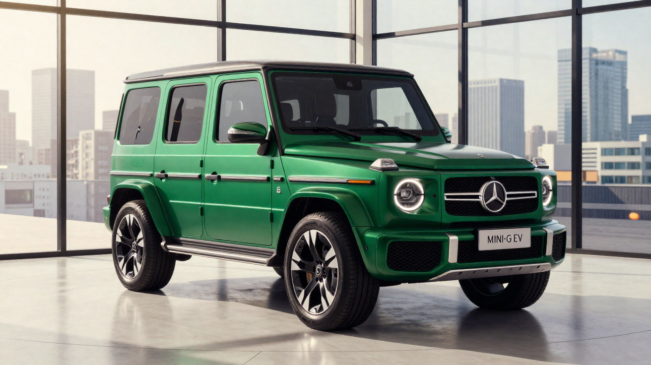 SUV elétrico verde Mercedes-Benz G-Class modelo MINI-G EV estacionado em ambiente interno moderno com janelas de vidro.