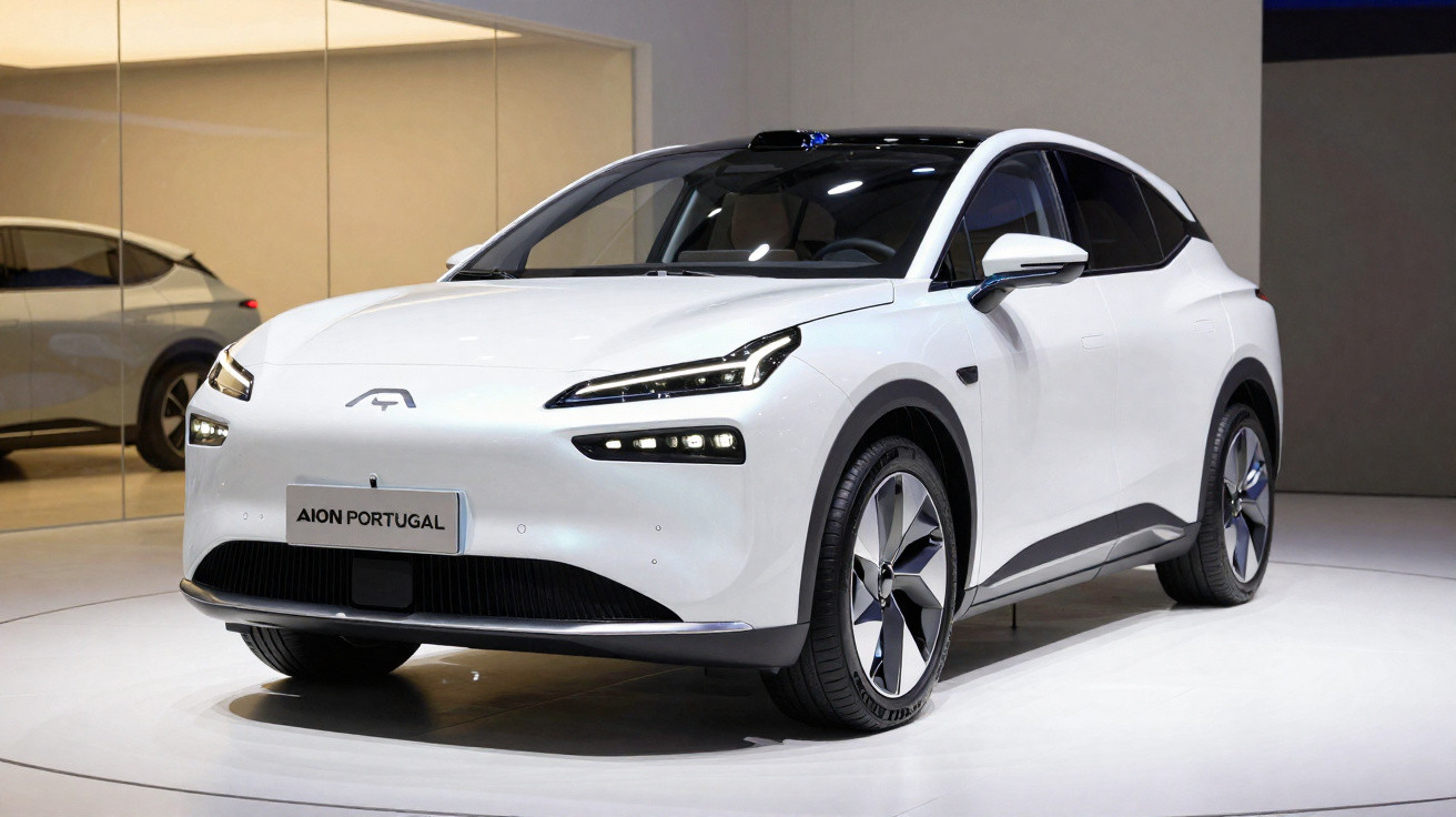 Carro elétrico branco Aion Portugal exibido em salão com design moderno e elegante.